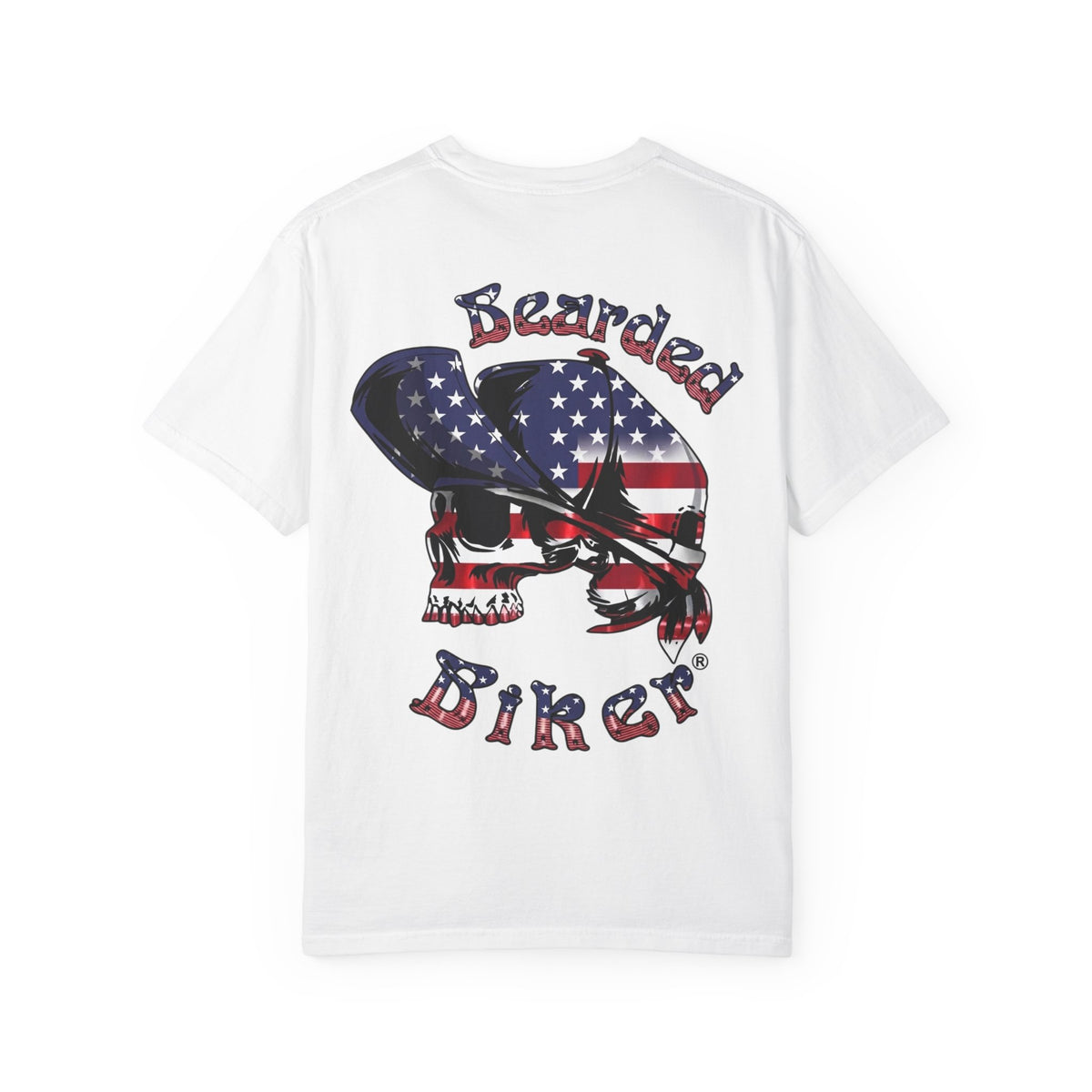 Bearded Biker T-Shirt — American Flag Skull Motorcycle Tee