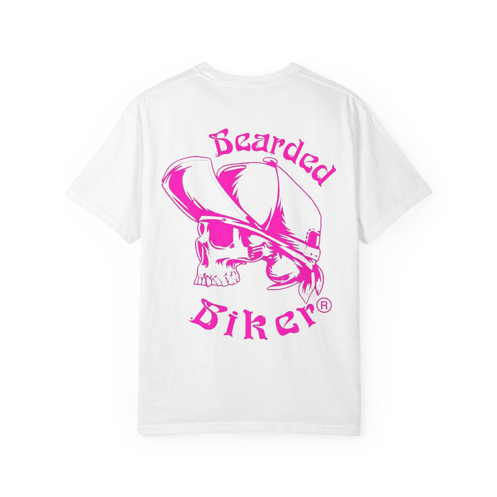Bearded Biker Skull T-Shirt — Retro Pink Motorcycle Graphic Tee