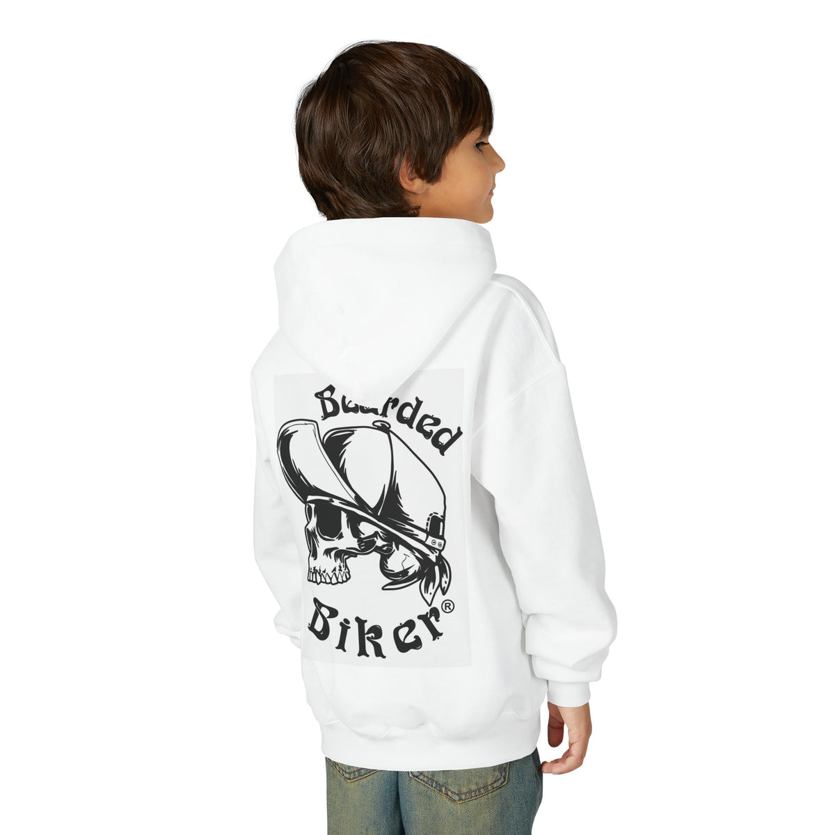 Bearded Biker Youth Hoodie — Skull Cap Design Kids' Pullover